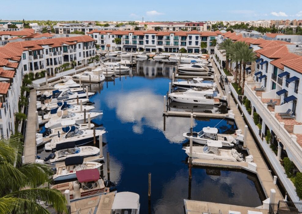 Palm Beach County marina with private docks, boat lifts, and seawall — typical Palm Beach Dredging canal dredging project site